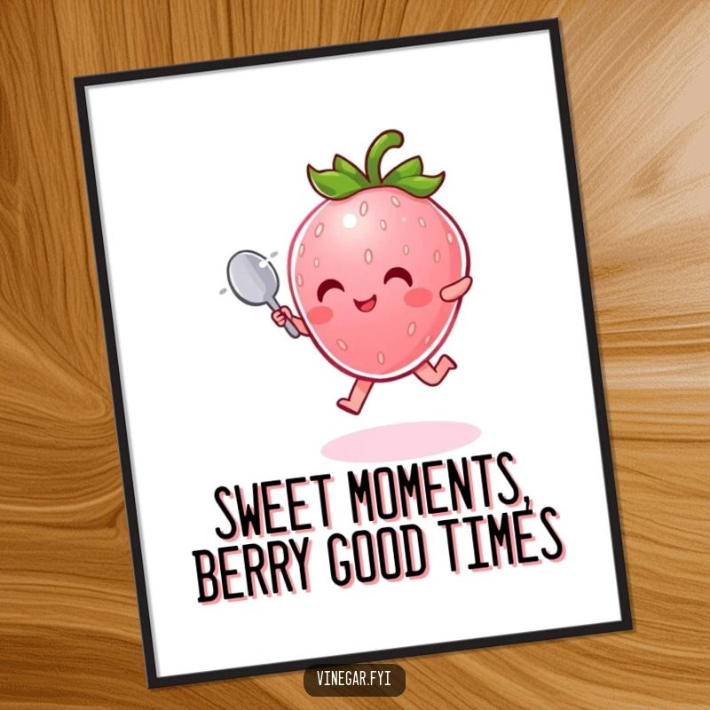 Funny Free Printable Wall Art featuring a radiant pink strawberry with a spoon joyfully leaping through shimmering mist.