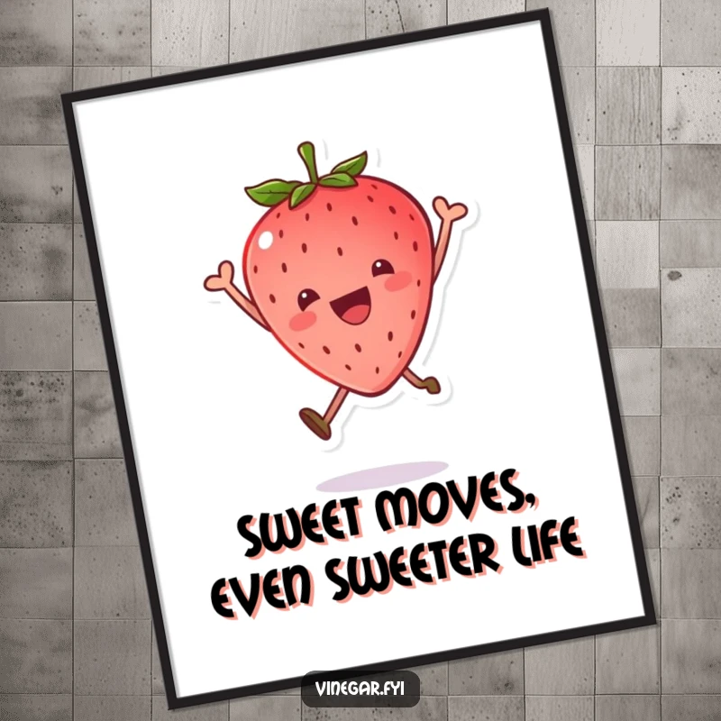 Funny Free Printable Wall Art: A kawaii strawberry mid-leap, leaf cap jaunty, bringing vibrant, happy energy to your walls.