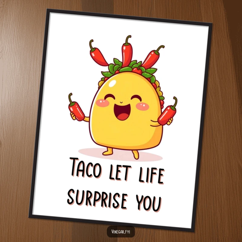 Funny Free Printable Wall Art: A smiling taco energetically juggles three tiny chili peppers, bringing spicy humor and vibrant color to your decor.