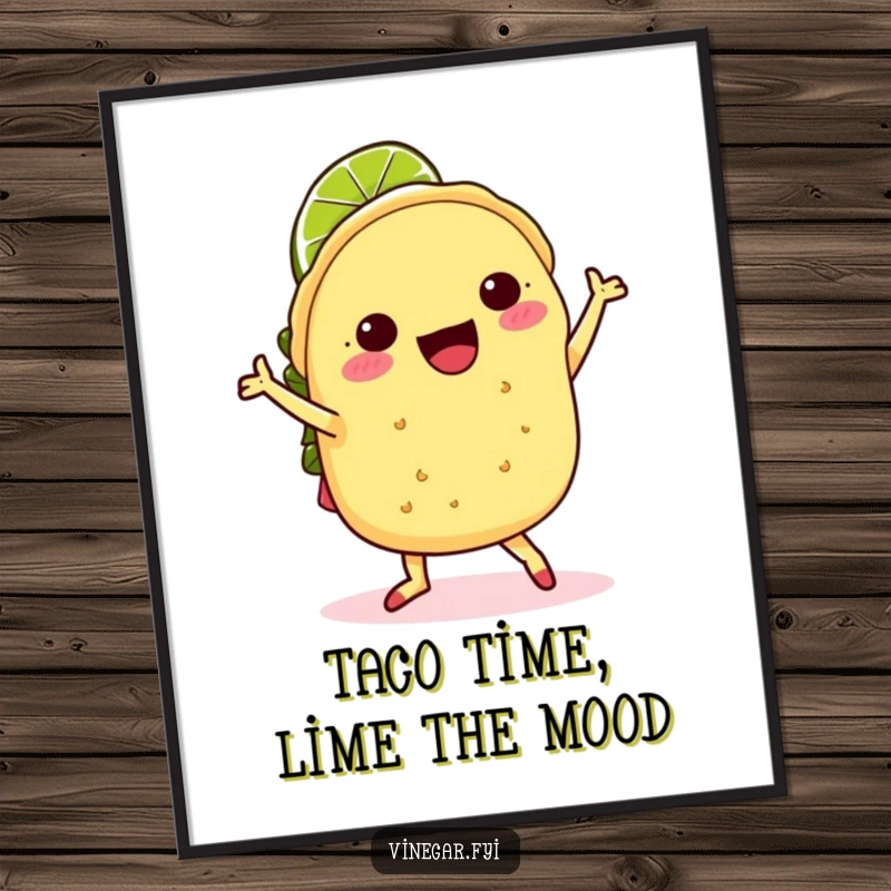 Funny Free Printable wall art: A kawaii taco wearing a lime slice hat, doing a joyful jig, adding fun to any room.