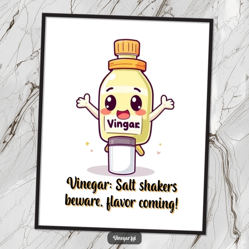 Funny Free Printable Leaping Vinegar Wall Art, a cute vinegar bottle character with wide, excited eyes leaping athletically over a salt shaker.