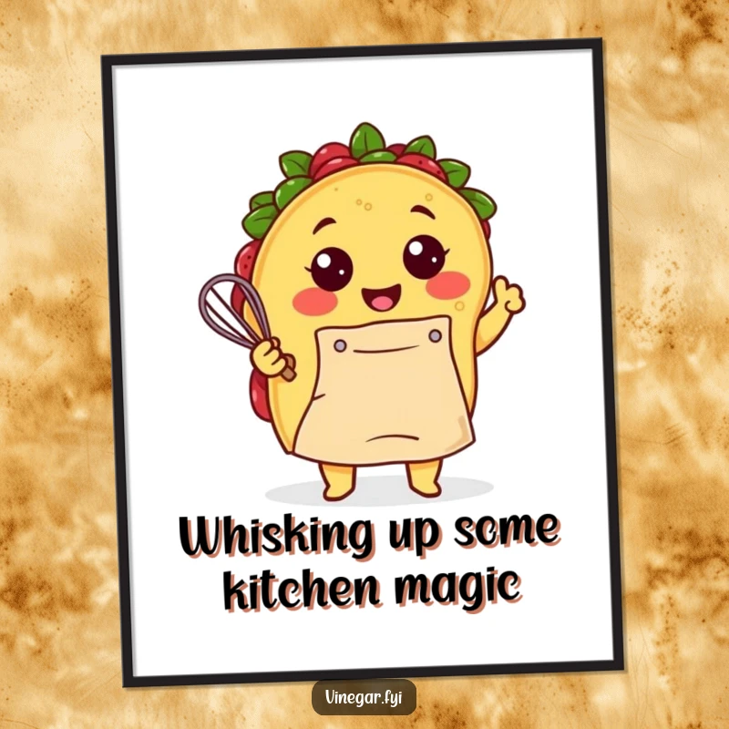 Funny Free Printable Wall Art: A smiling Kawaii taco sporting an apron energetically whisks batter, a cheerful kitchen scene.