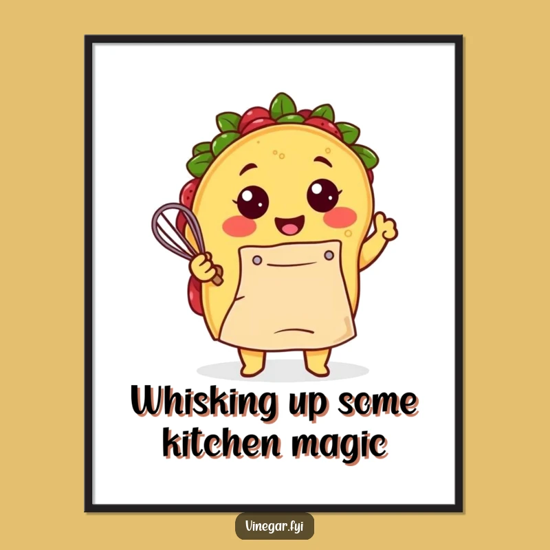Funny Free Printable Wall Art: Kawaii Taco Whisking Batter, Humorous Kitchen Decor