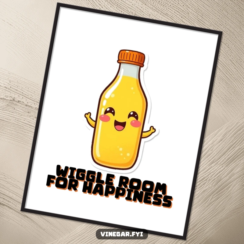 Funny Free Printable wall art of a happy, wiggling bottle of bright yellow liquid radiating positive vibes.
