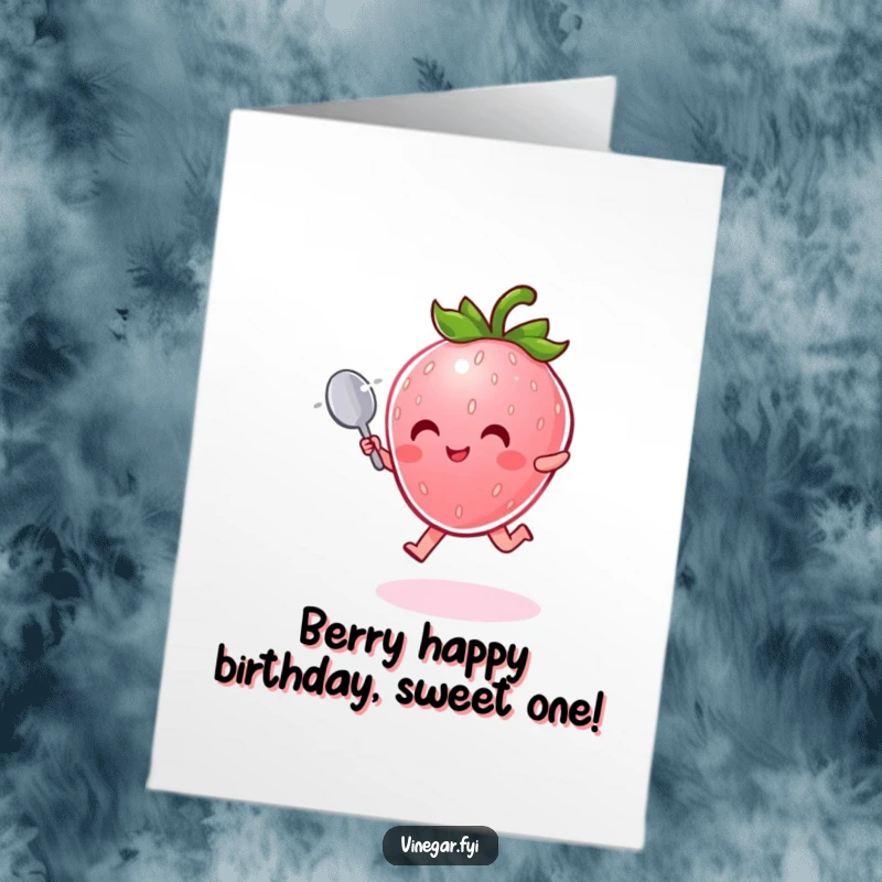 Funny Free Printable Birthday Card featuring a radiant pink strawberry with a spoon leaping joyfully through mist.