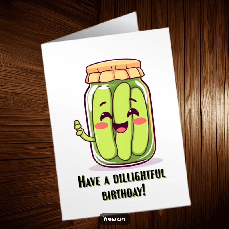 Funny Free Printable Birthday Card: A beaming Kawaii pickle jar with a wide smile, offering a taste of celebration.