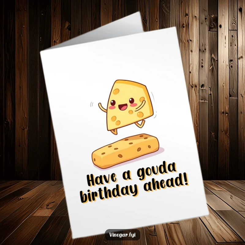 Funny Free Printable Birthday Card: A cheerful cheese wedge leaping over a cracker, celebrating a birthday.