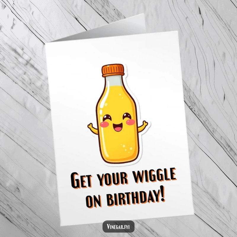 Funny Free Printable birthday card featuring a happy, wiggling bottle of bright yellow liquid spreading cheer.