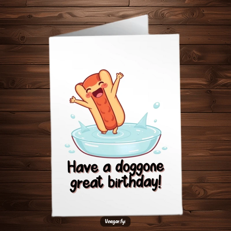 Funny free printable birthday card: A delighted hot dog performs a cartwheel in a pool of vinegar.