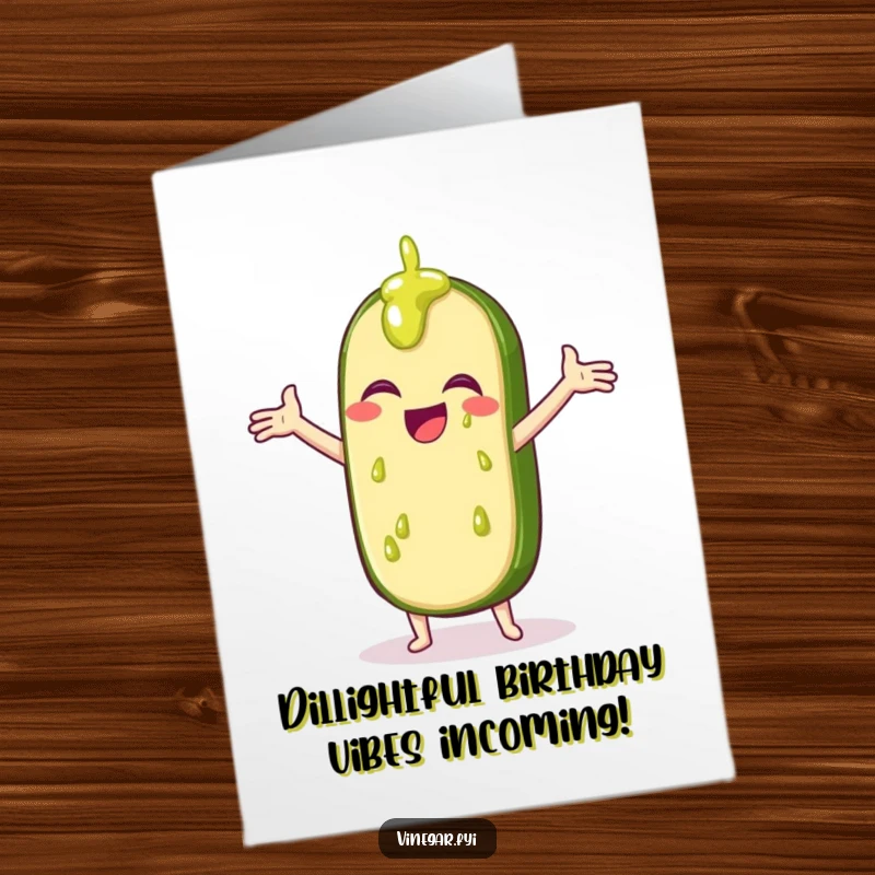 Funny Free Printable Birthday Card of a giggling pickle slice catching drips of vinegar. Hilarious downloadable birthday humor.