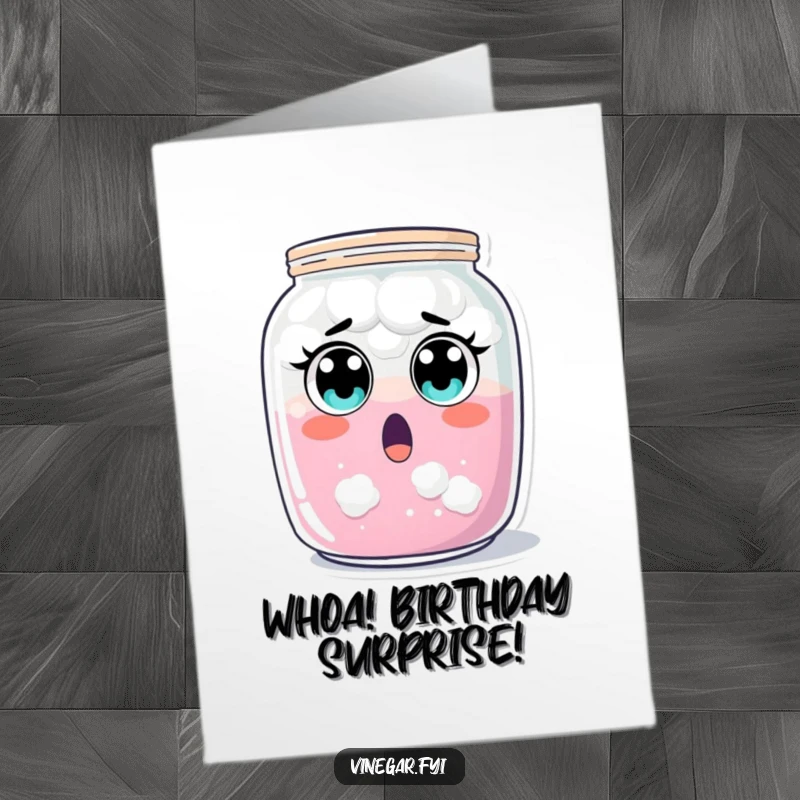 Funny Free Printable birthday card featuring a surprised jar of cloudy liquid with wide eyes, recoiling in shock.