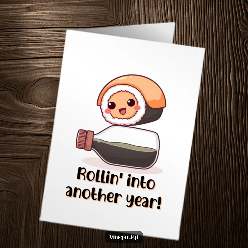 Funny free printable birthday card: A happy, round sushi roll balances precariously atop a vinegar bottle.