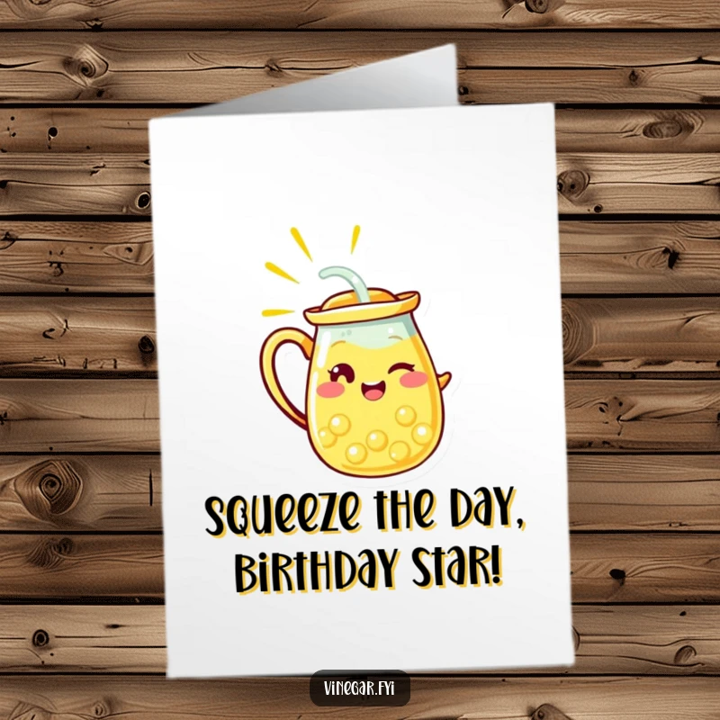 Funny Free Printable Birthday Card: A radiant yellow lemonade pitcher character winks as it pours a clear stream, ready to celebrate.