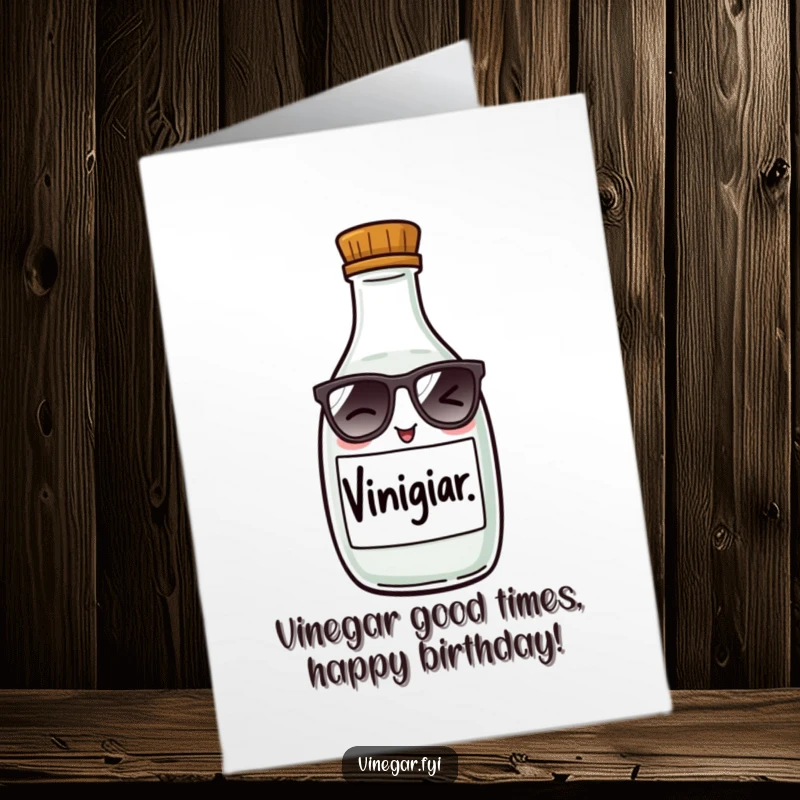 Funny Free Printable Birthday Card featuring a playful vinegar bottle with tiny sunglasses, winking mischievously, ready to party.