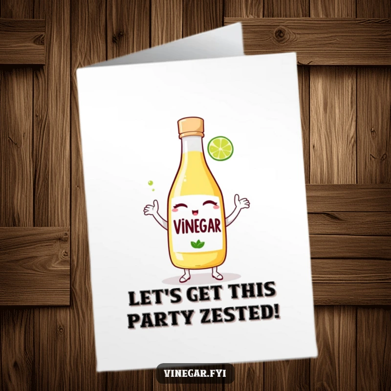 Funny free printable birthday card: A winking vinegar bottle dances playfully with a lime wedge, celebrating.
