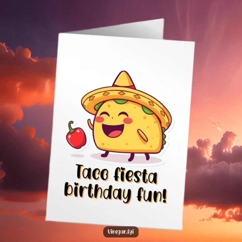 Funny Free Printable Birthday Card: A laughing taco wearing a sombrero bounces a tiny chili pepper on its head, full of festive joy.