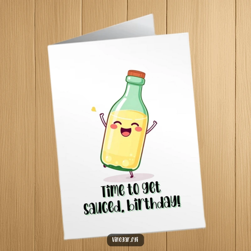 Funny Free Printable birthday card featuring a joyful, stylized vinegar bottle tipping over with pure glee and excitement.