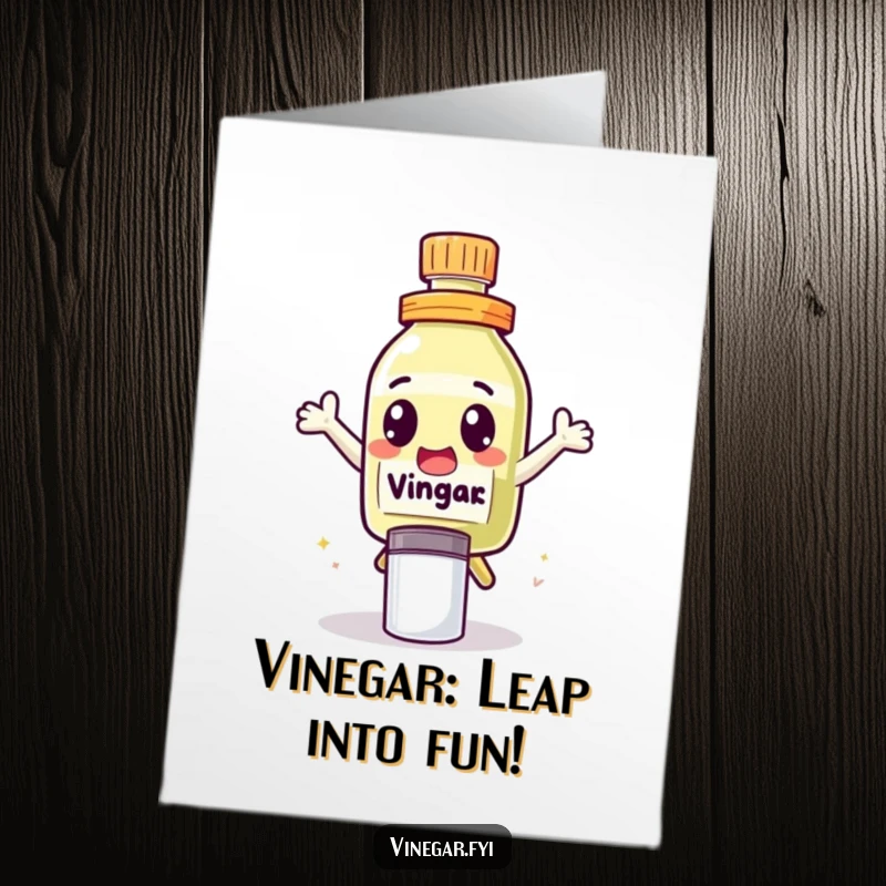 Funny Free Printable Leaping Vinegar Birthday Card, a cute vinegar bottle character enthusiastically leaping over a salt shaker with excitement.