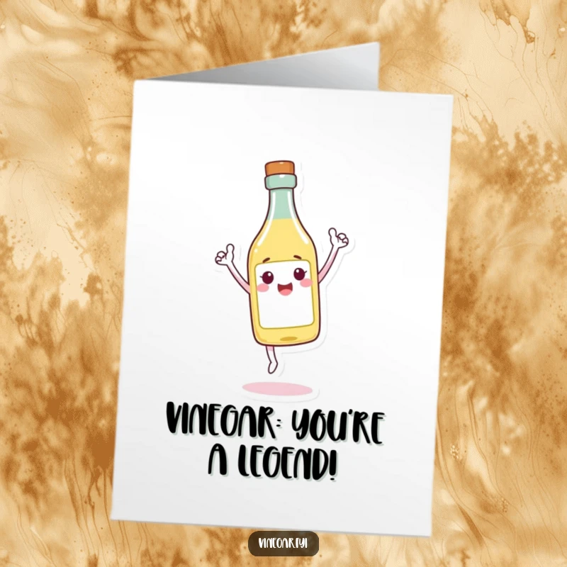 Funny Free Printable Triumphant Vinegar Birthday Card, a vinegar bottle character triumphantly balancing on its tip with a huge smile.