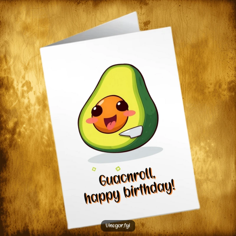 Funny Free Printable Birthday Card: A delighted avocado joyfully slices itself with a tiny knife, ready for celebration.