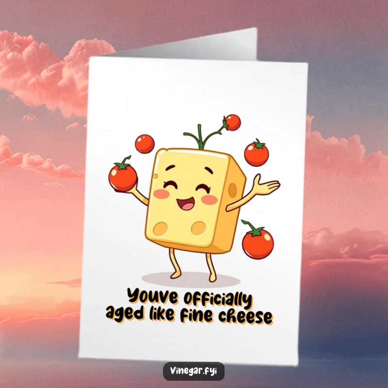 Funny Free Printable Birthday Card featuring a jovial cheese cube expertly juggling red cherry tomatoes with a smile.