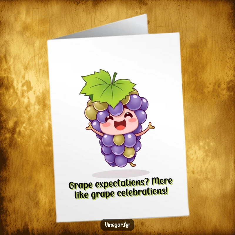 Funny Free Printable Birthday Card: Delighted grape bunch doing a silly dance wearing a leaf hat, perfect for a cheerful celebration.