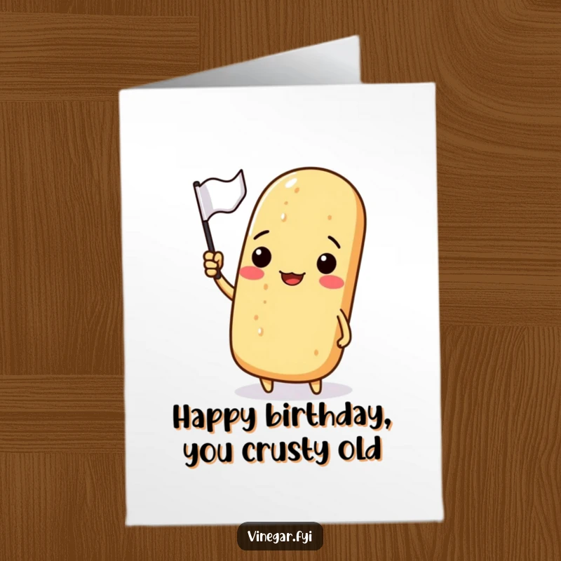 Funny Free Printable Birthday Card shows a grinning baguette triumphantly waving a small, colorful flag.