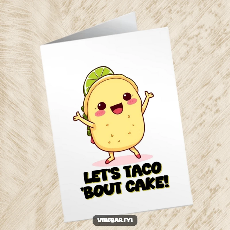 Funny Free Printable birthday card: A kawaii taco wearing a lime hat doing a joyful jig, perfect for a festive celebration.