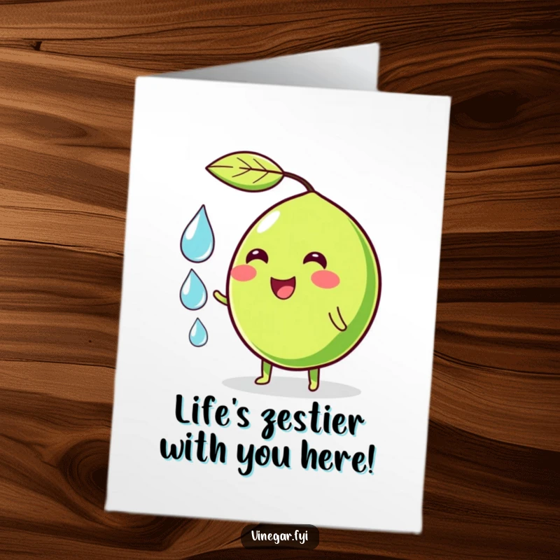 Funny Free Printable Birthday Card: A wobbly green lime character with a cheerful smile juggles three small translucent droplets with glee.