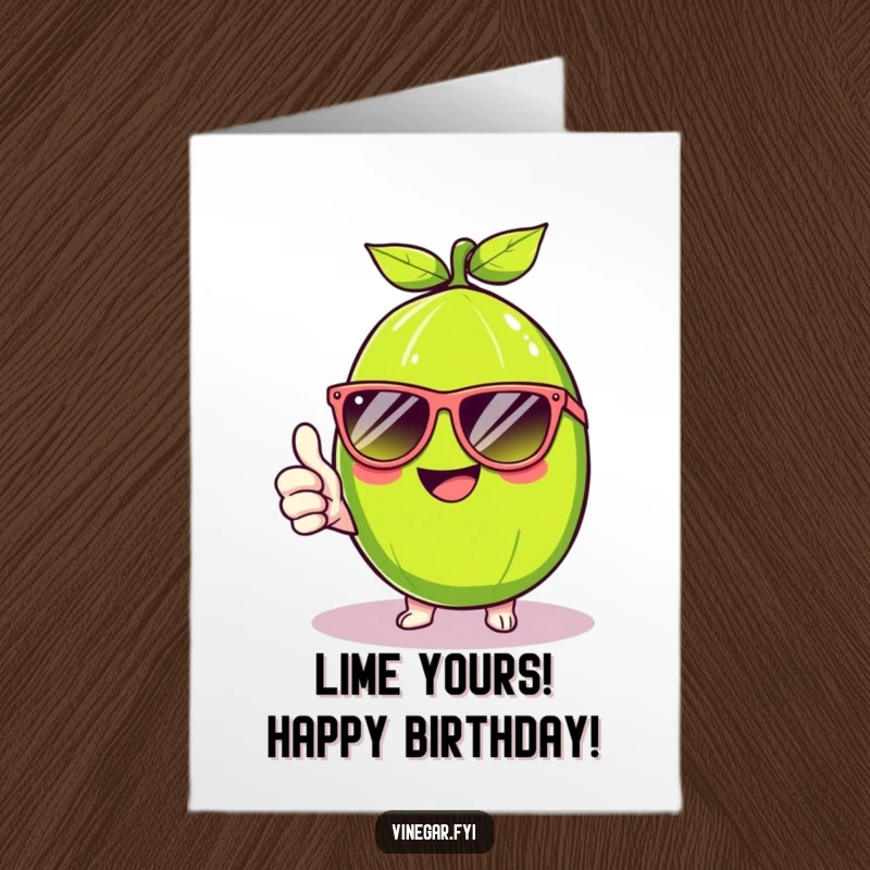 Funny Free Printable Birthday Card: A beaming Kawaii lime wearing oversized sunglasses gives a cool thumbs up, ready for a party.