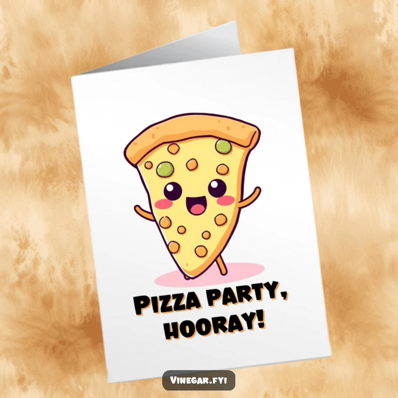 Funny Free Printable Birthday Card: A kawaii slice of pizza happily wiggles its cheesy toppings with pure delight.