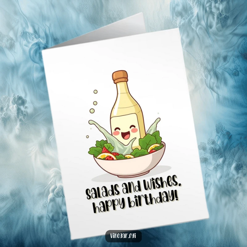 Funny Free Printable Birthday Card: Smiling vinegar bottle joyfully splashing into a salad bowl. A fun DIY card.