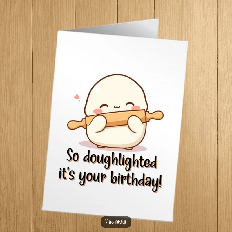Funny Free Printable Birthday Card: Shy dumpling peeking, blushing, holding a tiny rolling pin, ready for cake.