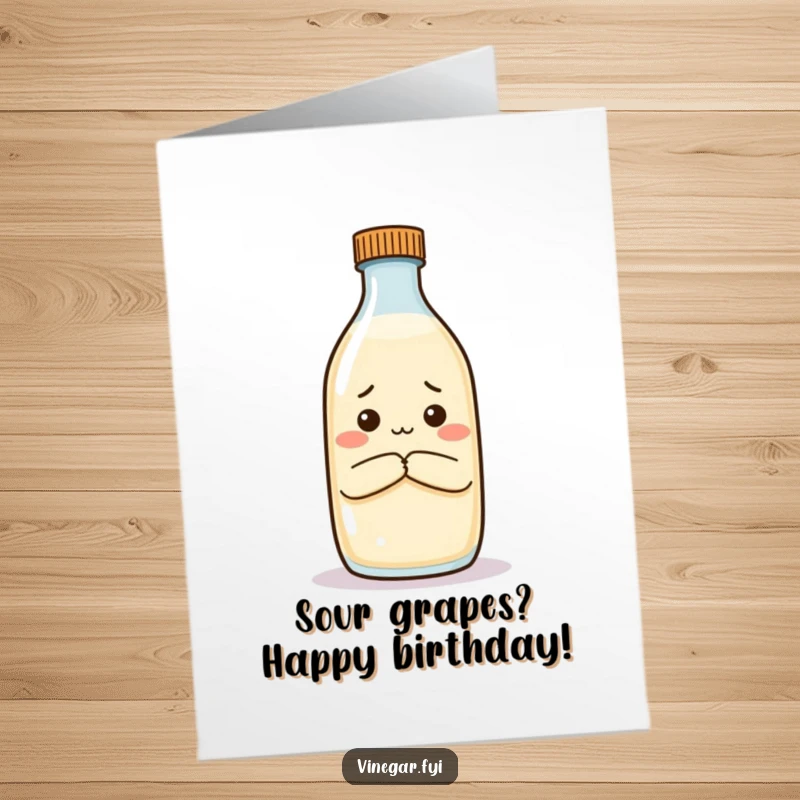 Funny Free Printable Birthday Card: Vinegar bottle with crossed arms looks unimpressed, judging your milk choice. Hilarious DIY.