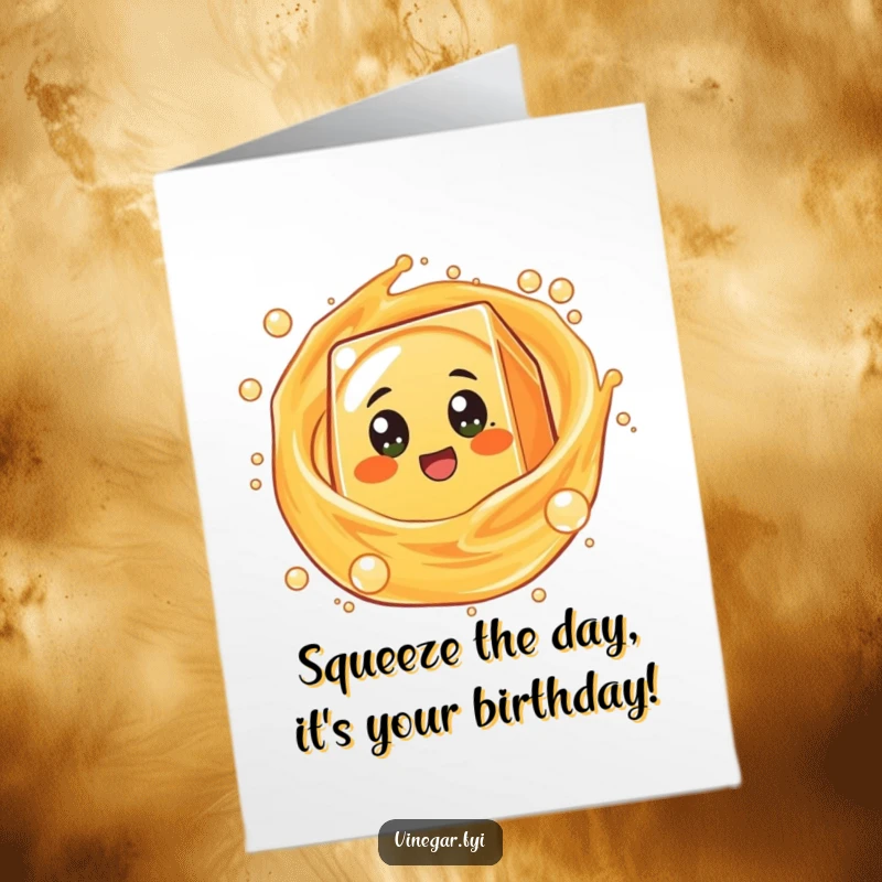 Funny Free Printable Birthday Card featuring a round, excited orange juice box character spinning in a swirl of bubbly liquid, radiating joy.