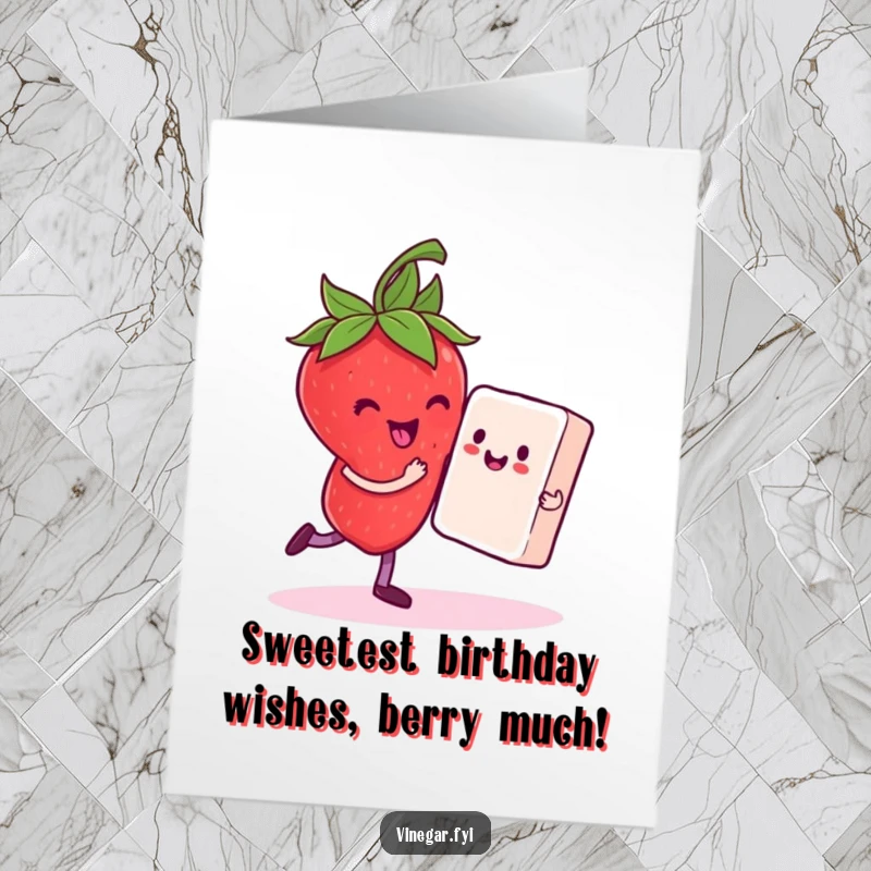 Funny Free Printable Birthday Card: A delighted strawberry joyfully dances with a tiny sugar cube partner, wishing a sweet happy birthday.