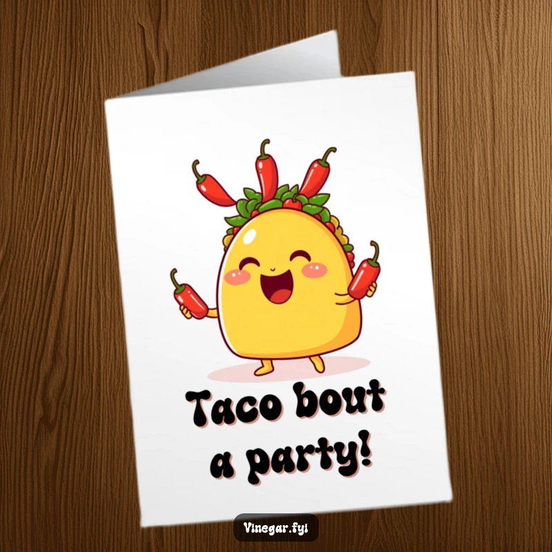 Funny Free Printable Birthday Card: A happy taco joyfully juggles three tiny chili peppers, ready to wish a spicy happy birthday.