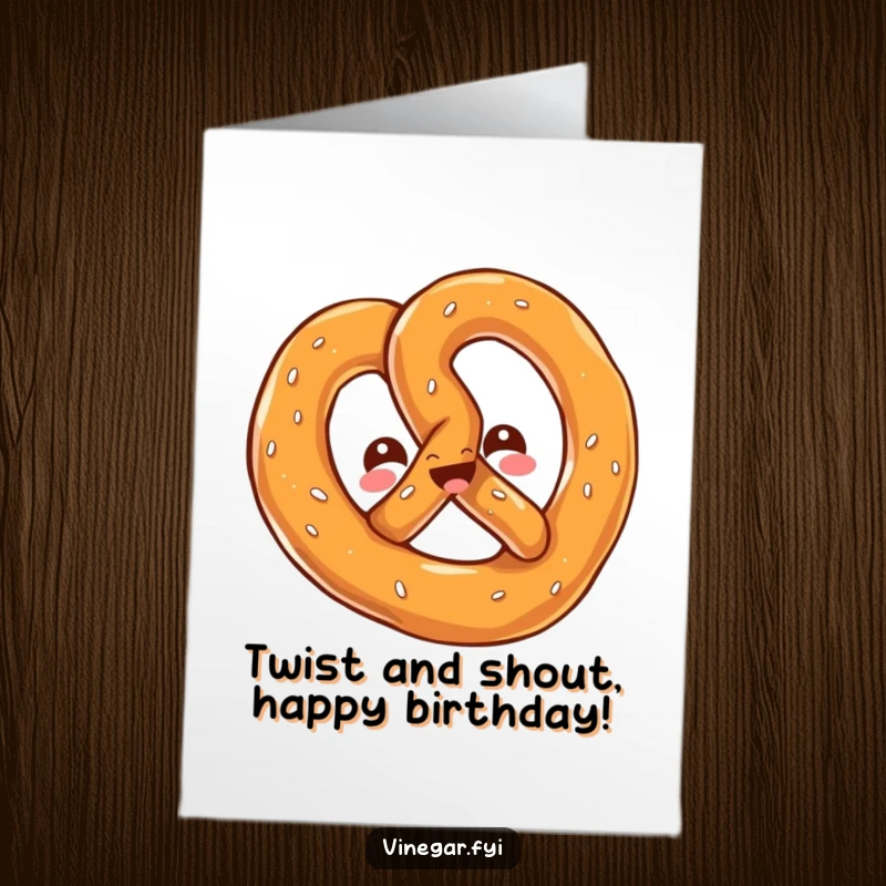 Free Printable Birthday Card: A kawaii pretzel twisting playfully with a cheerful, salty gleam, wishing a happy birthday.