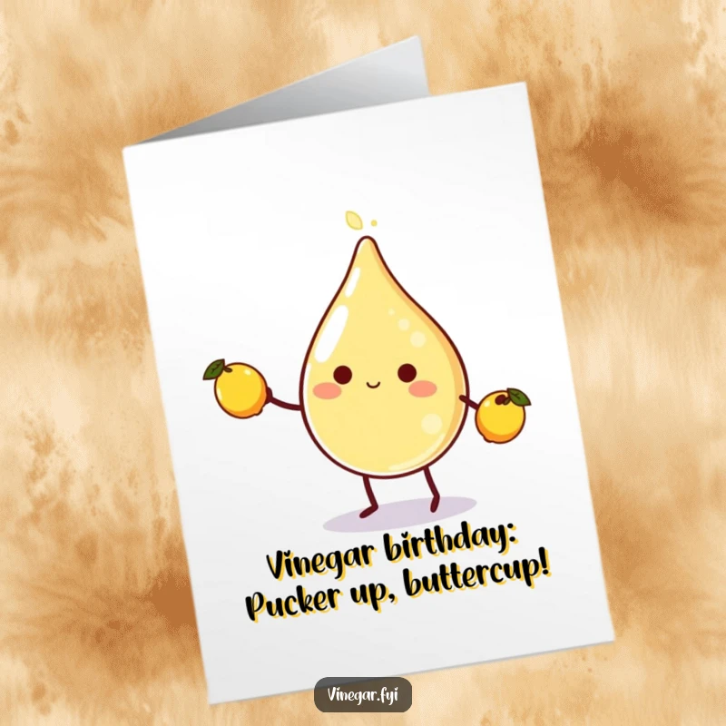 Funny Free Printable Birthday Card: Round vinegar droplet with legs joyfully juggling tiny lemons, a whimsical and cheerful design.