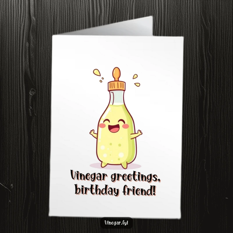 Funny Free Printable Birthday Card featuring a grinning condiment bottle gleefully squirting a stream of vinegar, ready to celebrate.