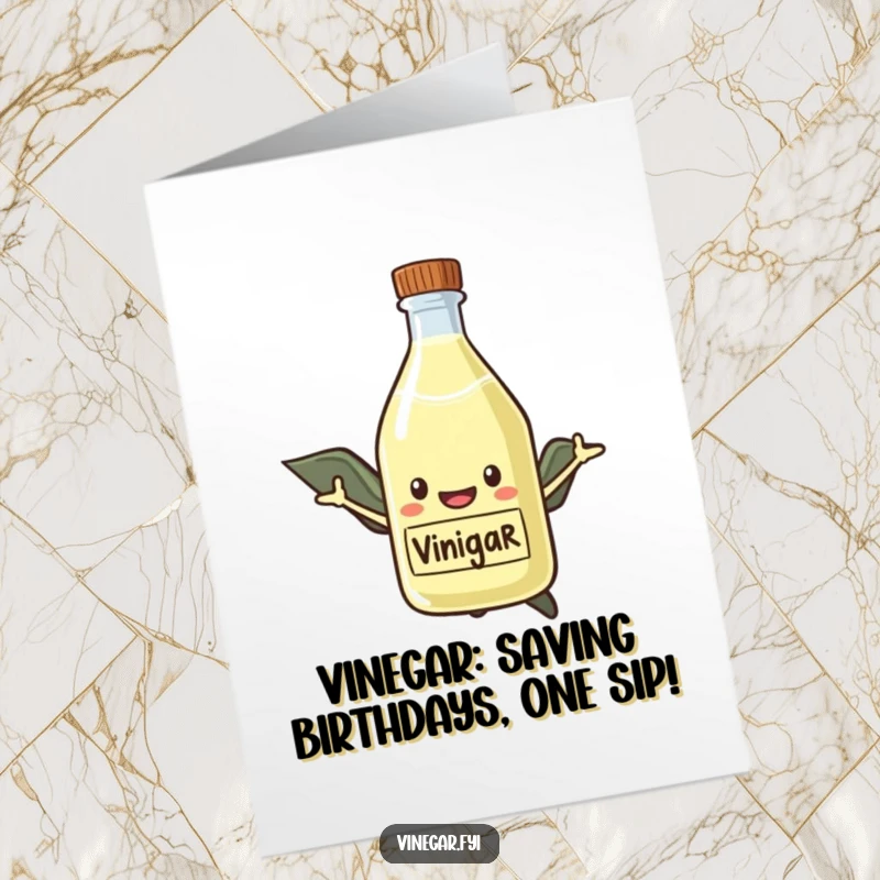 Funny Free Printable Hero Vinegar Birthday Card, a smiling vinegar bottle with a cape flying triumphantly, ready to save the day.