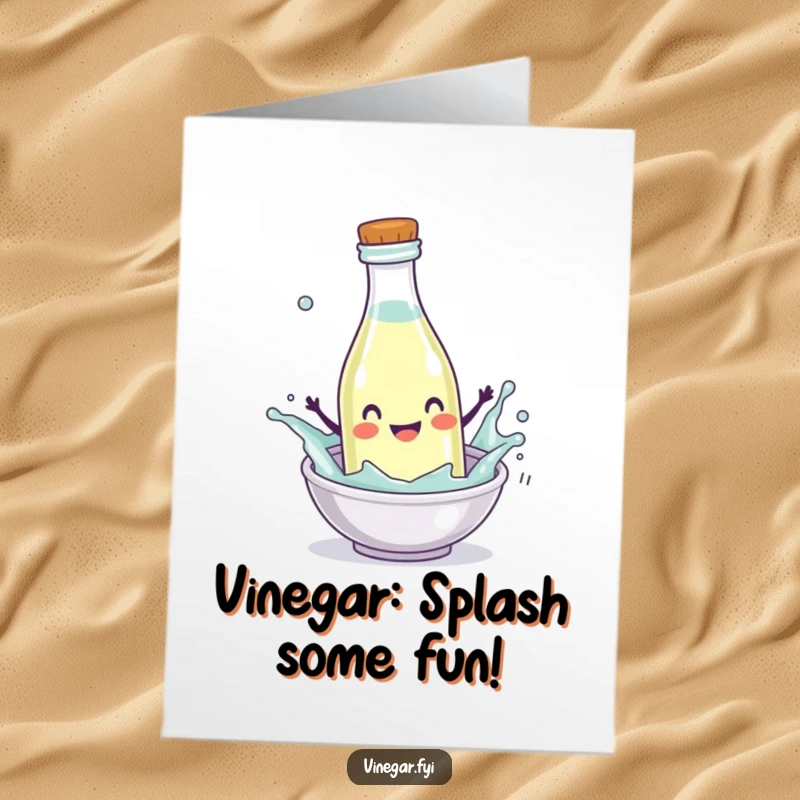 Funny Free Printable Splashing Vinegar Birthday Card, a happy vinegar bottle character enthusiastically splashing into a mini-dish with joy.
