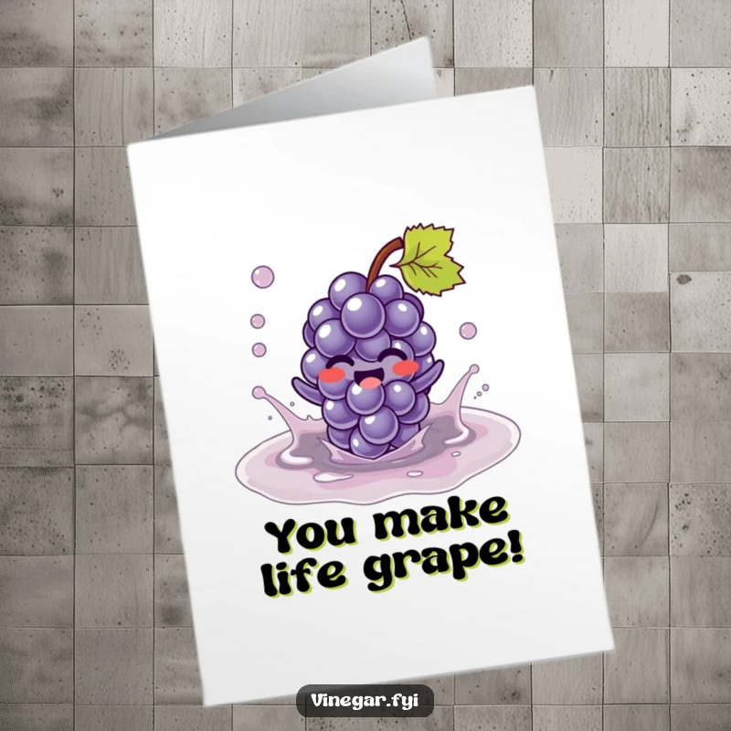 Funny Free Printable Birthday Card: A giggling Kawaii grape character joyfully splashes in a puddle of vinegar, embracing the messy fun.