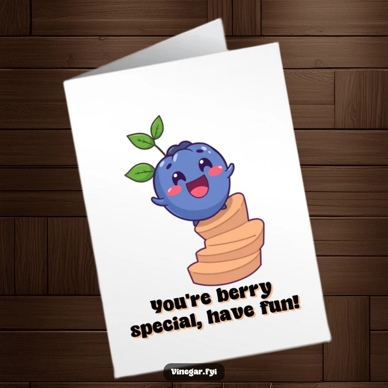 Funny Free Printable Birthday Card: A surprised blueberry rolls gleefully down a spiral staircase.