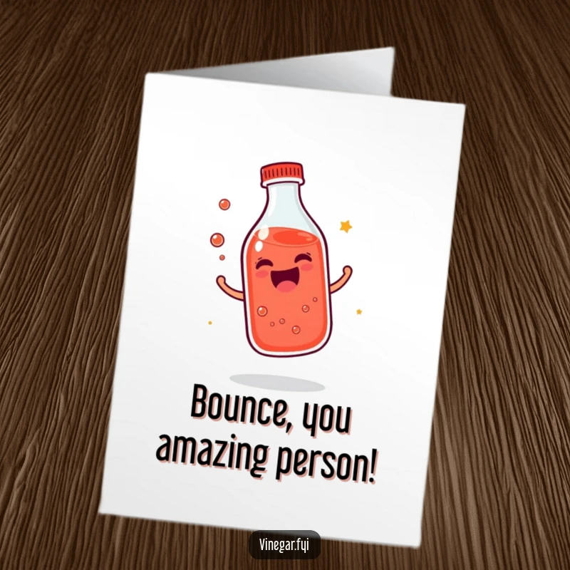 Funny Free Printable congratulations card with a giggling, bouncing bottle of reddish liquid celebrating.