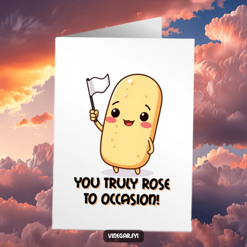 Funny Free Printable Congratulations Card of a grinning baguette waving a tiny flag in celebration of achievement.