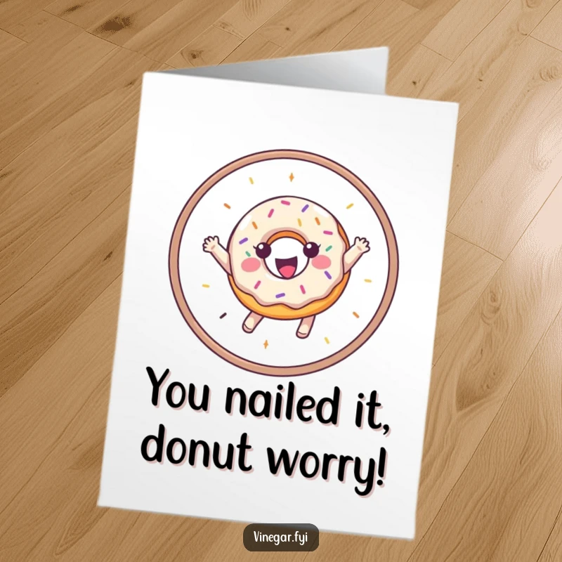 Funny Free Printable Congratulations Card featuring a happy donut with sprinkles performing a spectacular hoop jump.