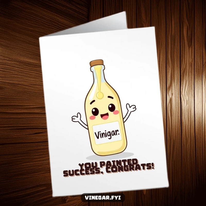Funny Free Printable Congratulations Card: A happy vinegar bottle pours itself onto a canvas, celebrating artistic achievement.