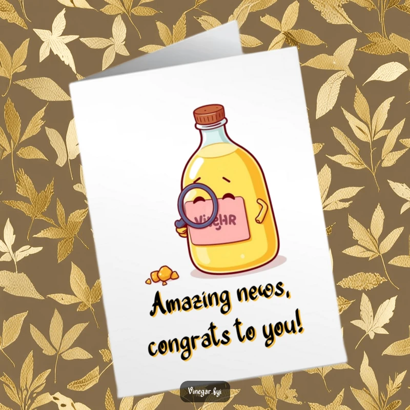 Funny Free Printable Congratulations Card: A curious vinegar bottle uses a magnifying glass to closely inspect a small crumb.