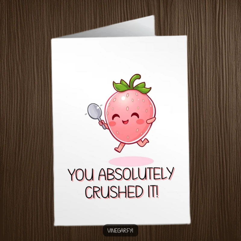 Funny Free Printable Congratulations Card showing a radiant pink strawberry with a spoon in a joyful leap.